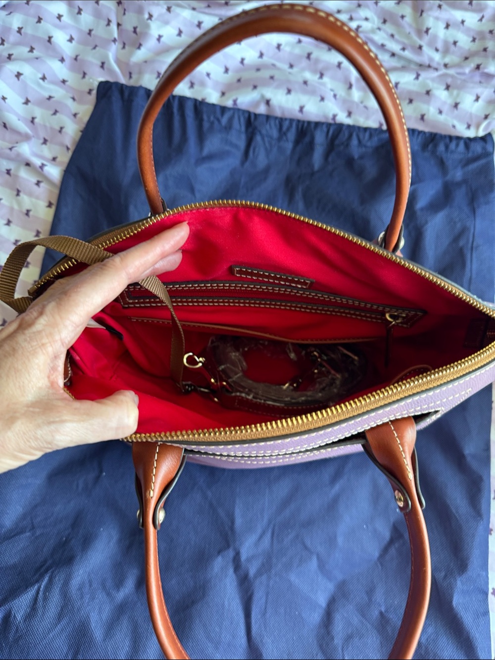 Dooney & Bourke Lavender Satchel with Brown Trim and Gold Plaque - Picture 2 of 5